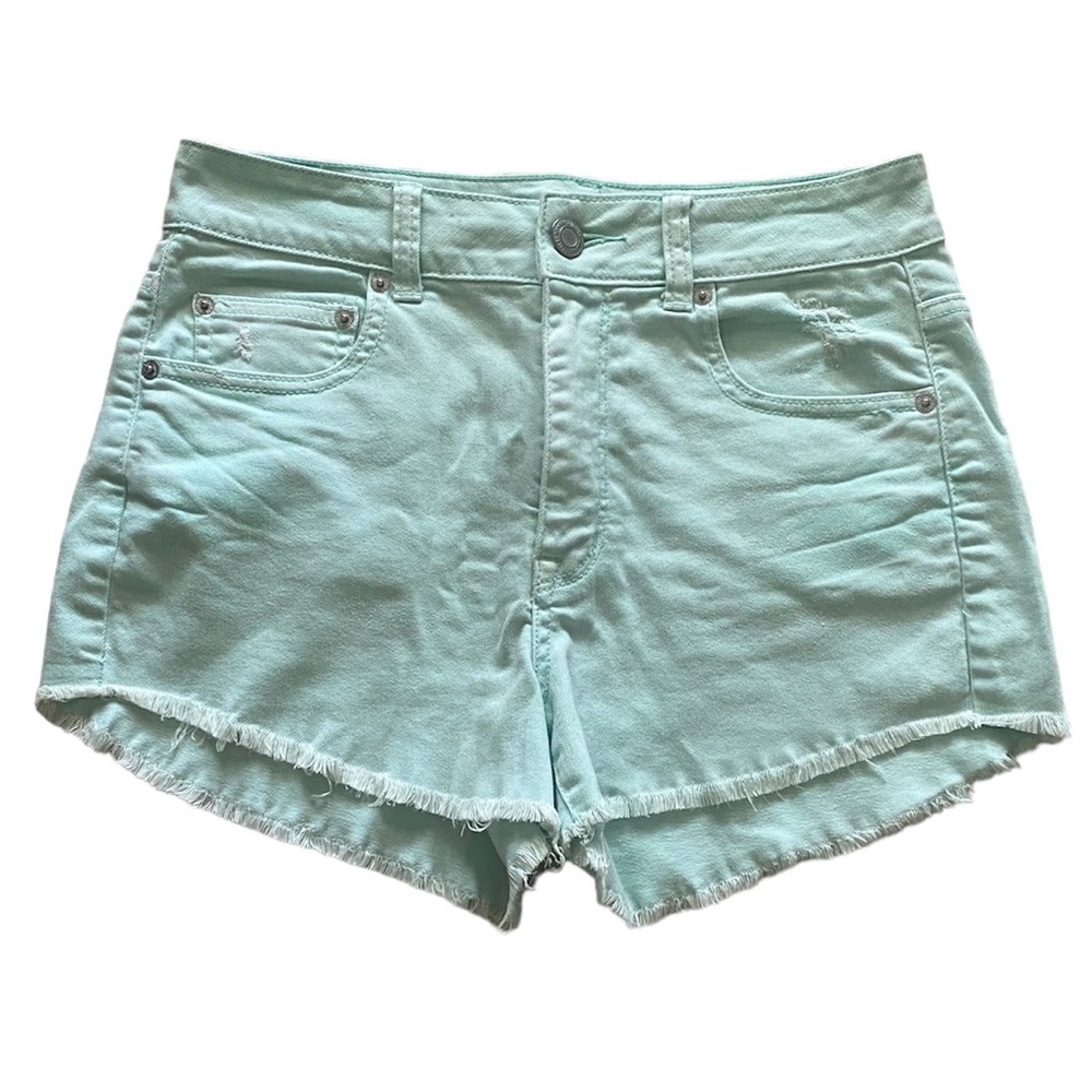 American Eagle Denim Shorts Mint Green Cut Off Fray Distressed High Rise Size 8